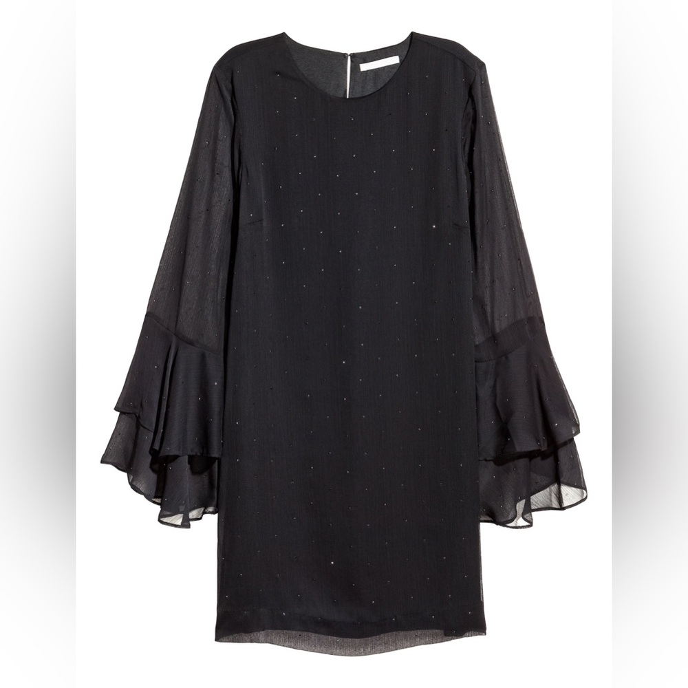H&M Mod Long Sleeve Little Black Dress Sparkly Bell Sleeves size 4 Mini Shift